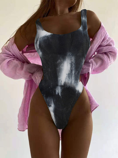 Swimwear- Sporty One-Piece Swimsuit - Tie-Dye Textured Swimwear- Dark Gray- IndioGear Clothing and Gear