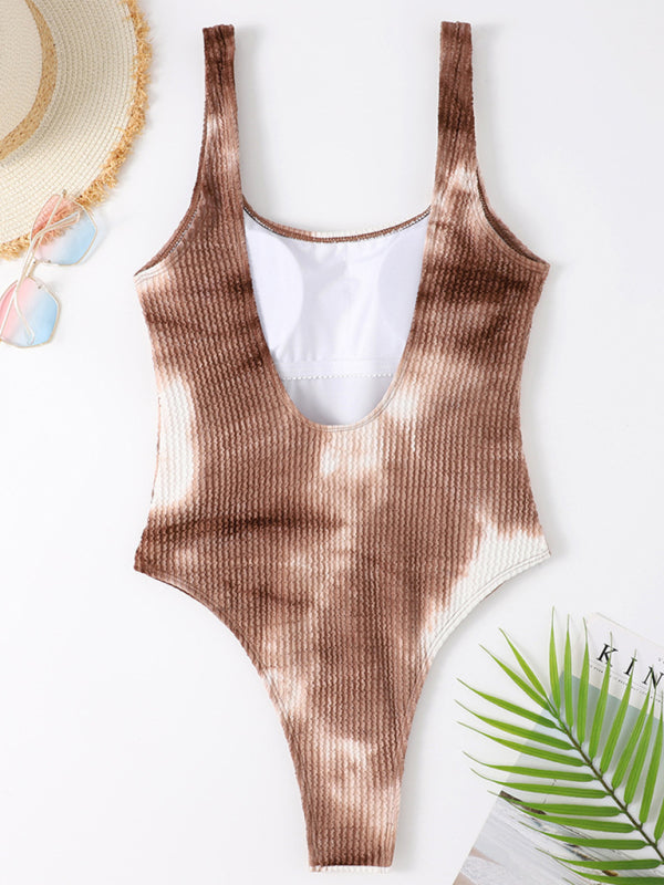 Swimwear- Sporty One-Piece Swimsuit - Tie-Dye Textured Swimwear- - IndioGear Clothing and Gear