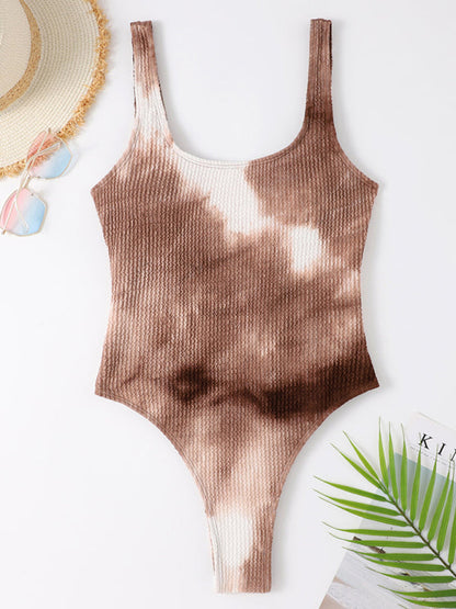 Swimwear- Sporty One-Piece Swimsuit - Tie-Dye Textured Swimwear- - IndioGear Clothing and Gear