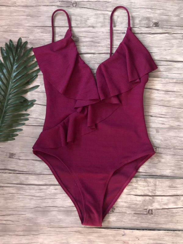 Swimwear- Sporty Ruffle One-Piece Textured Swimsuit- Dark red- IndioGear Fashion and Gear