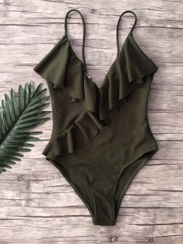 Swimwear- Sporty Ruffle One-Piece Textured Swimsuit- Green- IndioGear Fashion and Gear