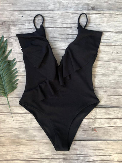 Swimwear- Sporty Ruffle One-Piece Textured Swimsuit- Black- IndioGear Fashion and Gear