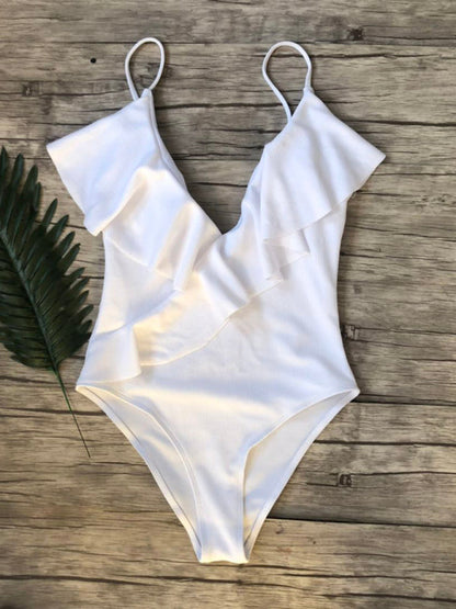 Swimwear- Sporty Ruffle One-Piece Textured Swimsuit- White- IndioGear Fashion and Gear