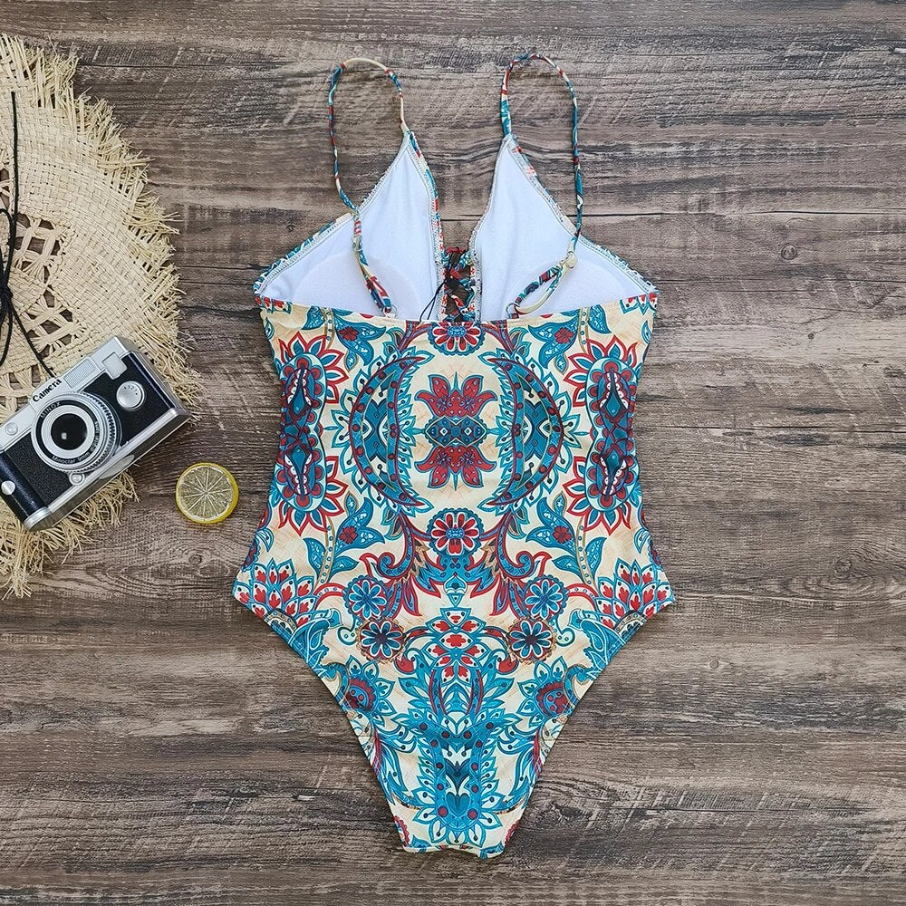 Swimwear- Sporty Tropical Print Wireless Padded Bra Swimsuit for the Beach- - IndioGear Clothing and Gear