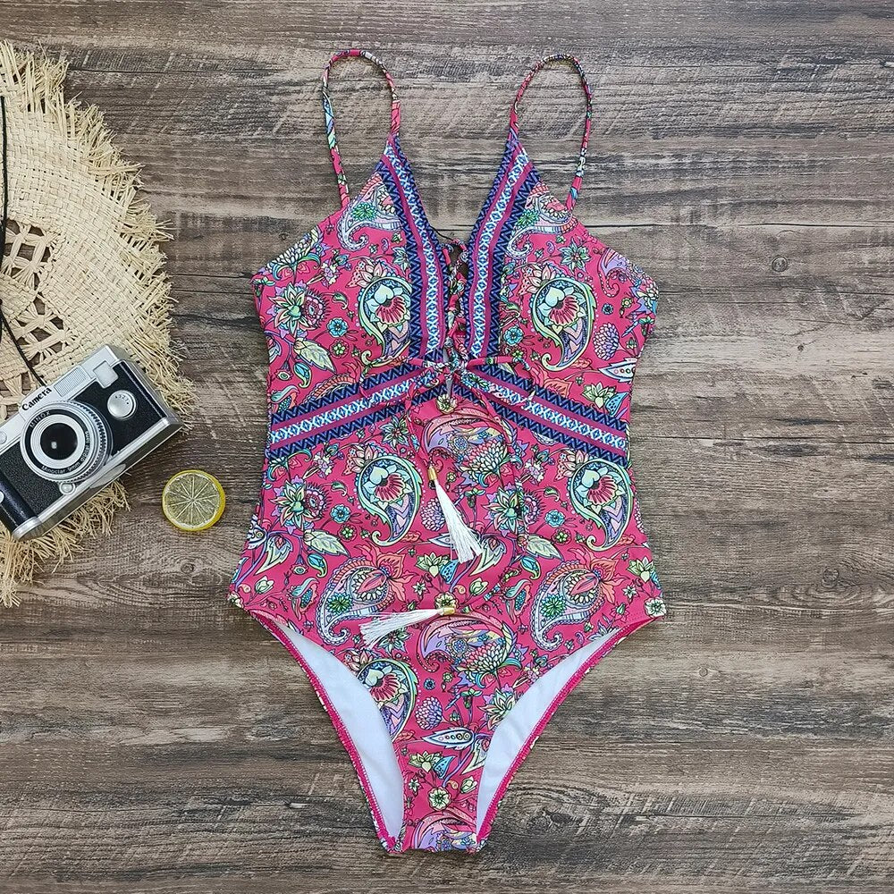 Swimwear- Sporty Tropical Print Wireless Padded Bra Swimsuit for the Beach- - IndioGear Clothing and Gear