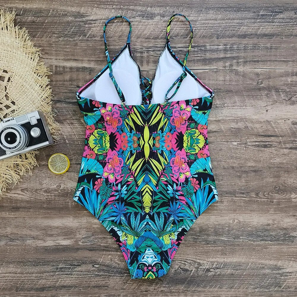 Swimwear- Sporty Tropical Print Wireless Padded Bra Swimsuit for the Beach- - IndioGear Clothing and Gear