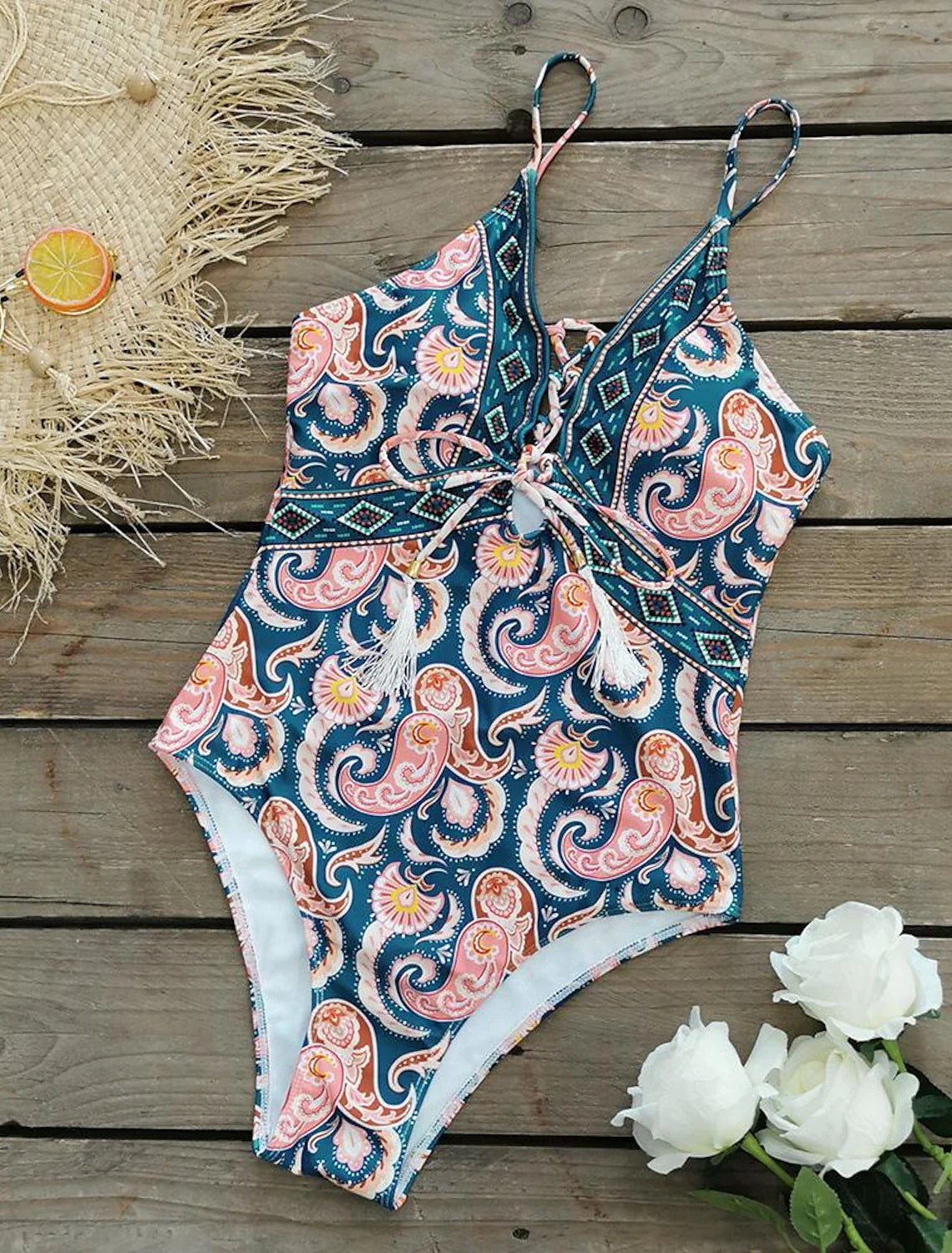 Swimwear- Sporty Tropical Print Wireless Padded Bra Swimsuit for the Beach- - IndioGear Clothing and Gear