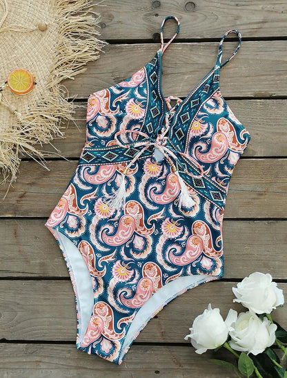 Swimwear- Sporty Tropical Print Wireless Padded Bra Swimsuit for the Beach- - IndioGear Clothing and Gear