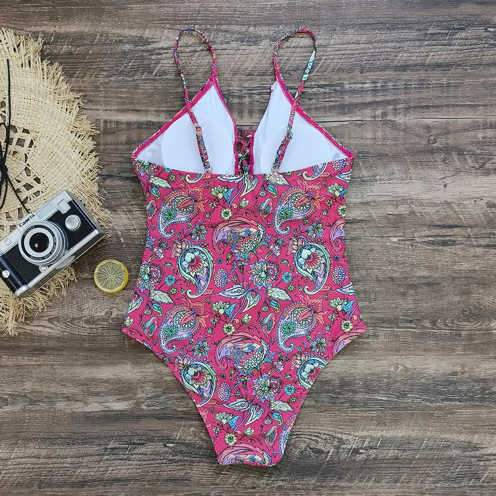 Swimwear- Sporty Tropical Print Wireless Padded Bra Swimsuit for the Beach- - IndioGear Clothing and Gear