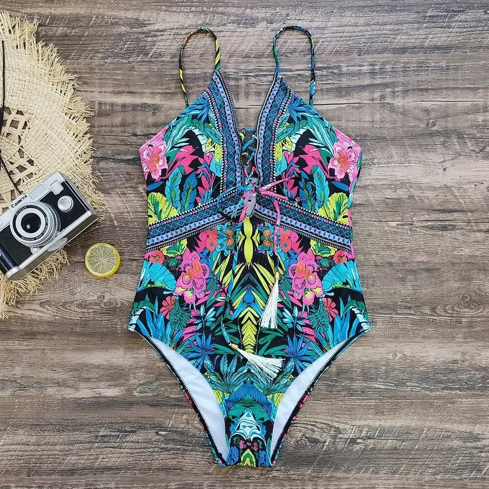 Swimwear- Sporty Tropical Print Wireless Padded Bra Swimsuit for the Beach- - IndioGear Clothing and Gear