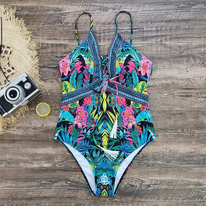 Swimwear- Sporty Tropical Print Wireless Padded Bra Swimsuit for the Beach- - IndioGear Clothing and Gear