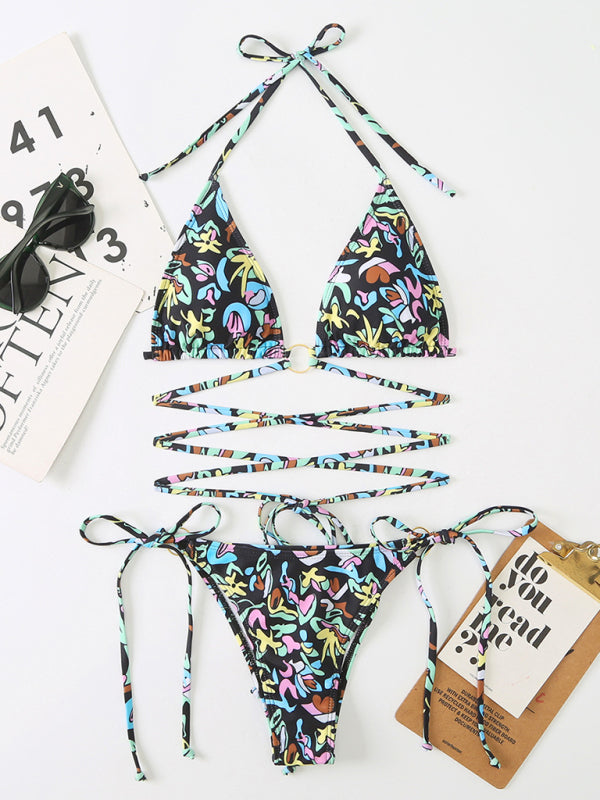 Swimwear- Strappy Wireless Triangle Bra 2 Piece Floral Print String Bikini- Black- IndioGear Fashion and Gear