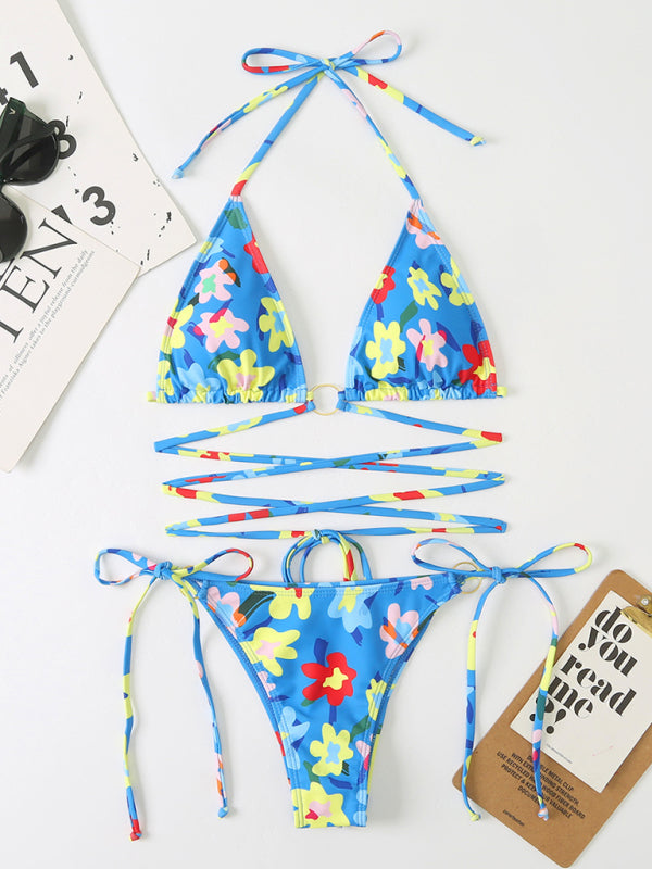 Swimwear- Strappy Wireless Triangle Bra 2 Piece Floral Print String Bikini- - IndioGear Fashion and Gear