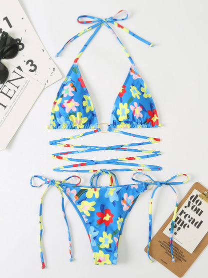 Swimwear- Strappy Wireless Triangle Bra 2 Piece Floral Print String Bikini- - IndioGear Fashion and Gear