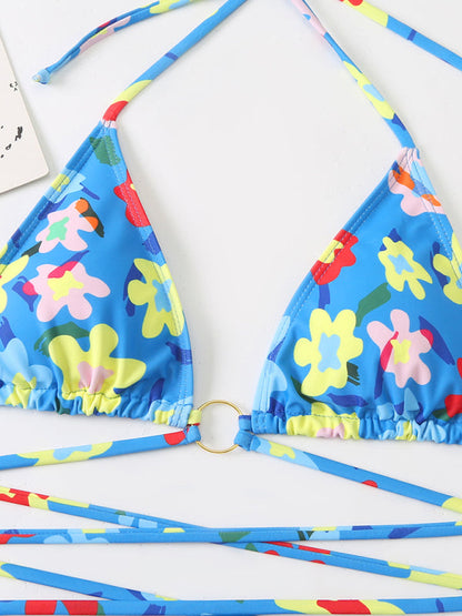 Swimwear- Strappy Wireless Triangle Bra 2 Piece Floral Print String Bikini- - IndioGear Fashion and Gear