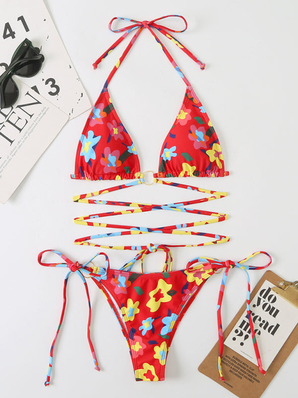 Swimwear- Strappy Wireless Triangle Bra 2 Piece Floral Print String Bikini- - IndioGear Fashion and Gear