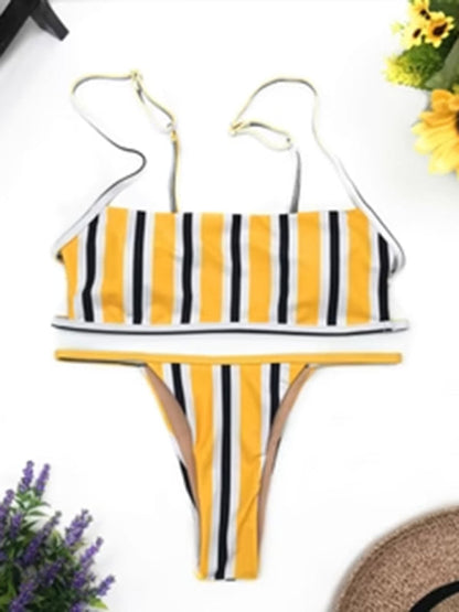 Swimwear- Striped 2 Piece Swimwear - Wireless Bra Top & Micro Bikini Bottoms- - IndioGear Fashion and Gear