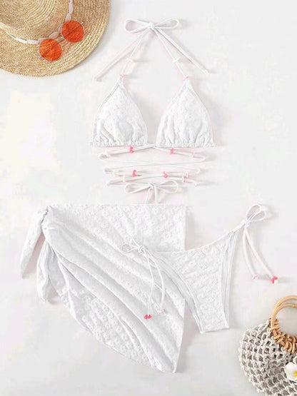 Swimwear-Summer Beach 3-Piece Bikini Swimwear with Wireless Triangle Bra & String Bottoms & Cover-Up-Pekosa Women Clothing