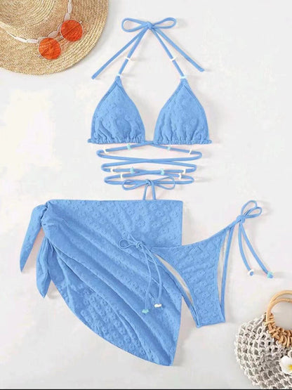 Swimwear-Summer Beach 3-Piece Bikini Swimwear with Wireless Triangle Bra & String Bottoms & Cover-Up-Pekosa Women Clothing