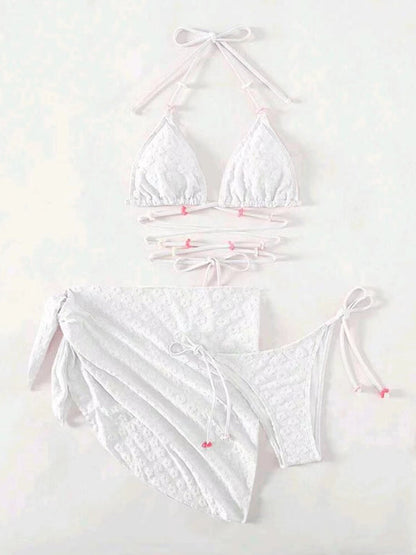 Swimwear-Summer Beach 3-Piece Bikini Swimwear with Wireless Triangle Bra & String Bottoms & Cover-Up-Pekosa Women Clothing