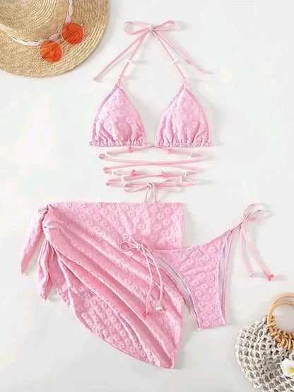 Swimwear-Summer Beach 3-Piece Bikini Swimwear with Wireless Triangle Bra & String Bottoms & Cover-Up-Pekosa Women Clothing