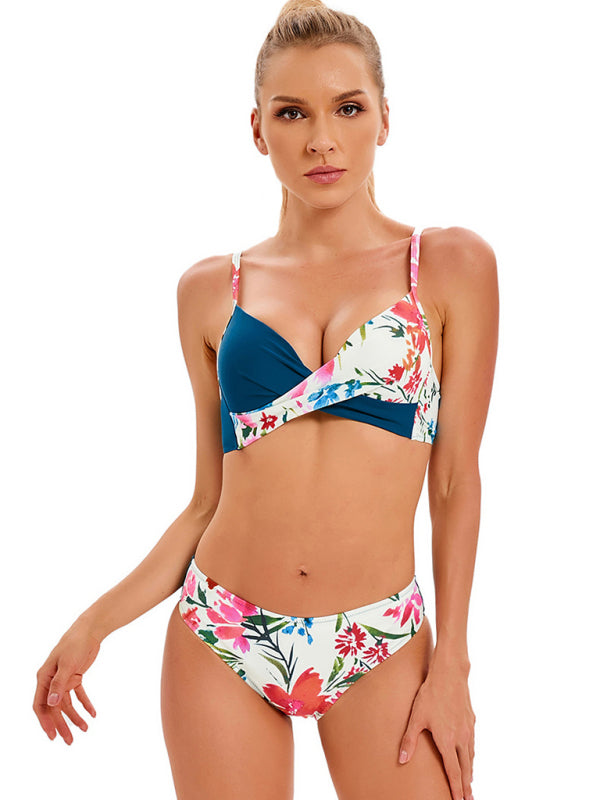 Swimwear- Summer Beach Clasic 2-Piece Floral Bikini Bra and Bottoms- Green black jasper- IndioGear Fashion and Gear