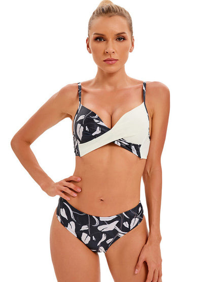 Swimwear- Summer Beach Clasic 2-Piece Floral Bikini Bra and Bottoms- White- IndioGear Fashion and Gear