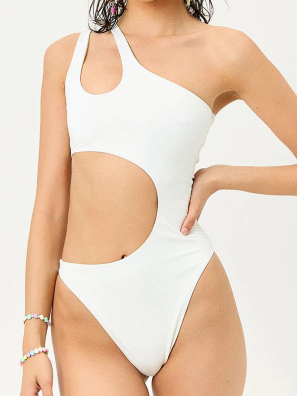 Swimwear- Summer Print One-Piece One-Shoulder Monokini Swimwear- White- IndioGear Fashion and Gear