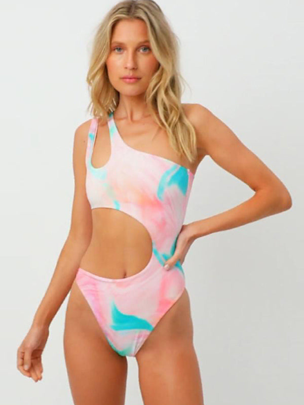 Swimwear- Summer Print One-Piece One-Shoulder Monokini Swimwear- Pink- IndioGear Fashion and Gear