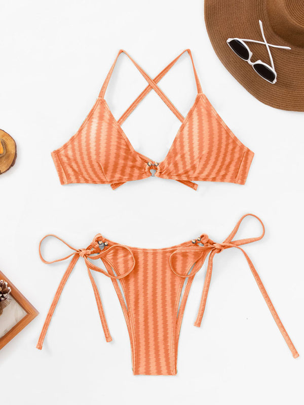 Swimwear- Textured Stripe 2 Piece String Triangle Bra and Tie-Side Bottoms Swimwear- - IndioGear Fashion and Gear