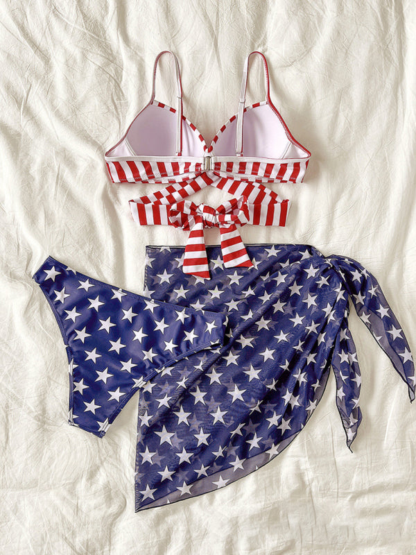 Swimwear- The Patriot 3 Piece Swimwear - Underwire Push-Up Bra & Bikini & American Flag Cover Up- - IndioGear Fashion and Gear