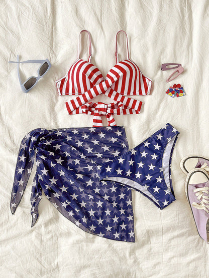 Swimwear- The Patriot 3 Piece Swimwear - Underwire Push-Up Bra & Bikini & American Flag Cover Up- - IndioGear Fashion and Gear