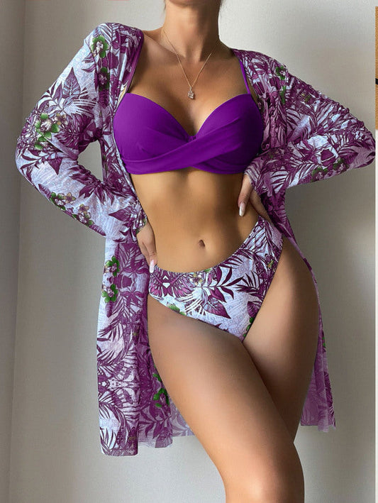 Swimwear - Three Piece Set- Beach Goddess: 3-Piece Underwire Bikini with Floral Cover Up- Purple- IndioGear Fashion and Gear