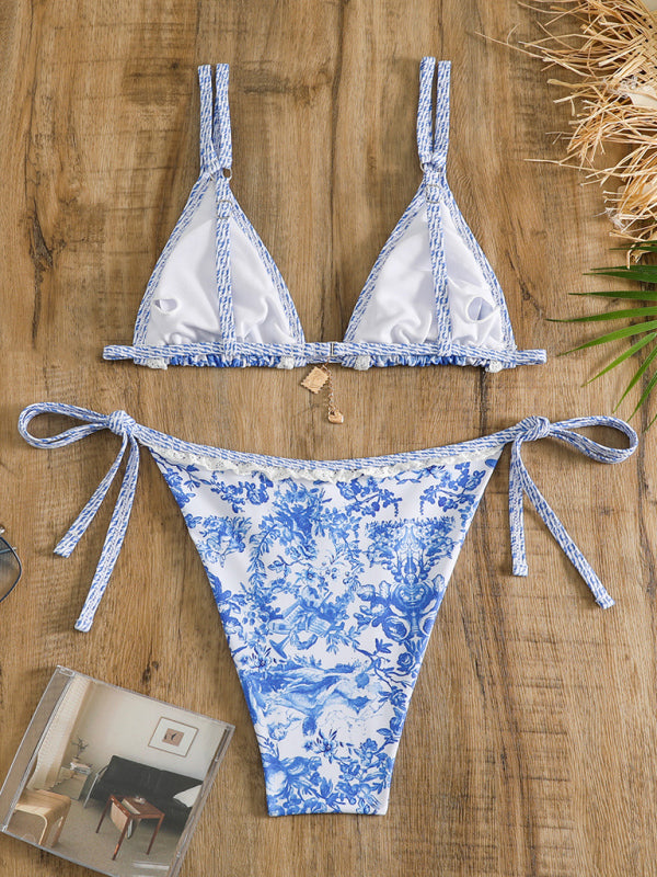 Swimwear- Tie-Side Bikini 2 Piece with Wireless Triangle Bra in Blue Print- - IndioGear Fashion and Gear