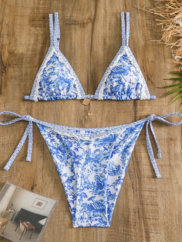 Swimwear- Tie-Side Bikini 2 Piece with Wireless Triangle Bra in Blue Print- - IndioGear Fashion and Gear