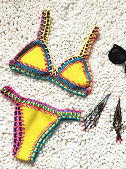 Swimwear- Trendy Women's Crochet 2-Piece Bikini Set: Padded Triangle Bra + Mid Thong- Yellow- IndioGear Fashion and Gear