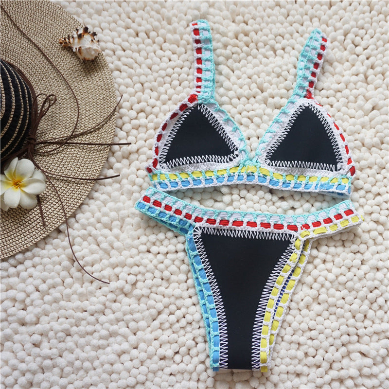 Swimwear- Trendy Women's Crochet 2-Piece Bikini Set: Padded Triangle Bra + Mid Thong- Blue- IndioGear Fashion and Gear