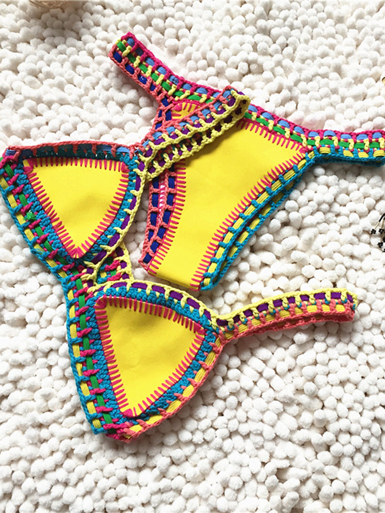 Swimwear- Trendy Women's Crochet 2-Piece Bikini Set: Padded Triangle Bra + Mid Thong- - IndioGear Fashion and Gear