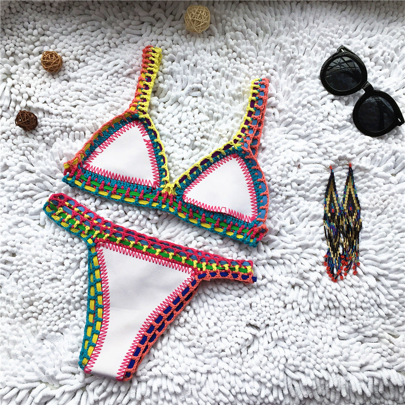 Swimwear- Trendy Women's Crochet 2-Piece Bikini Set: Padded Triangle Bra + Mid Thong- - IndioGear Fashion and Gear