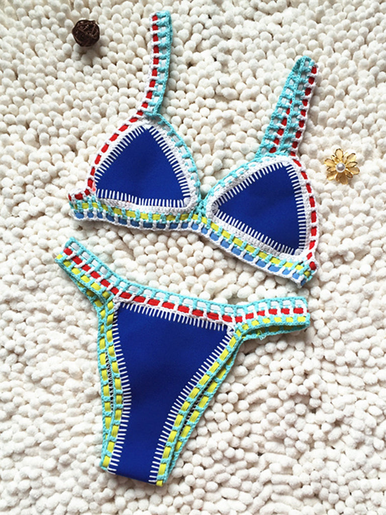 Swimwear- Trendy Women's Crochet 2-Piece Bikini Set: Padded Triangle Bra + Mid Thong- Blue- IndioGear Fashion and Gear