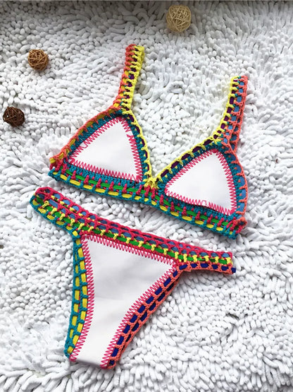 Swimwear- Trendy Women's Crochet 2-Piece Bikini Set: Padded Triangle Bra + Mid Thong- White- IndioGear Fashion and Gear