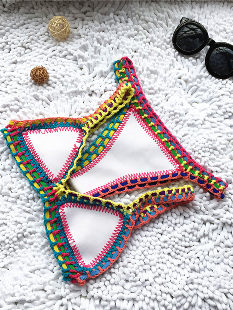 Swimwear- Trendy Women's Crochet 2-Piece Bikini Set: Padded Triangle Bra + Mid Thong- - IndioGear Fashion and Gear