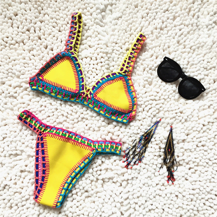 Swimwear- Trendy Women's Crochet 2-Piece Bikini Set: Padded Triangle Bra + Mid Thong- - IndioGear Fashion and Gear