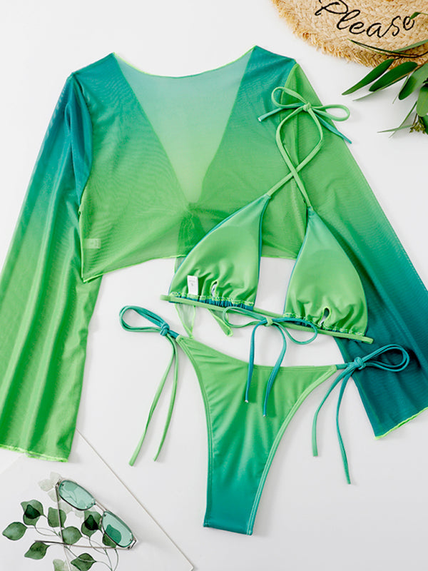 Swimwear- Triangle Bra & Tie-Side Bikini & Topper in Gradient - 3-Piece String Swimwear- Green- IndioGear Fashion and Gear