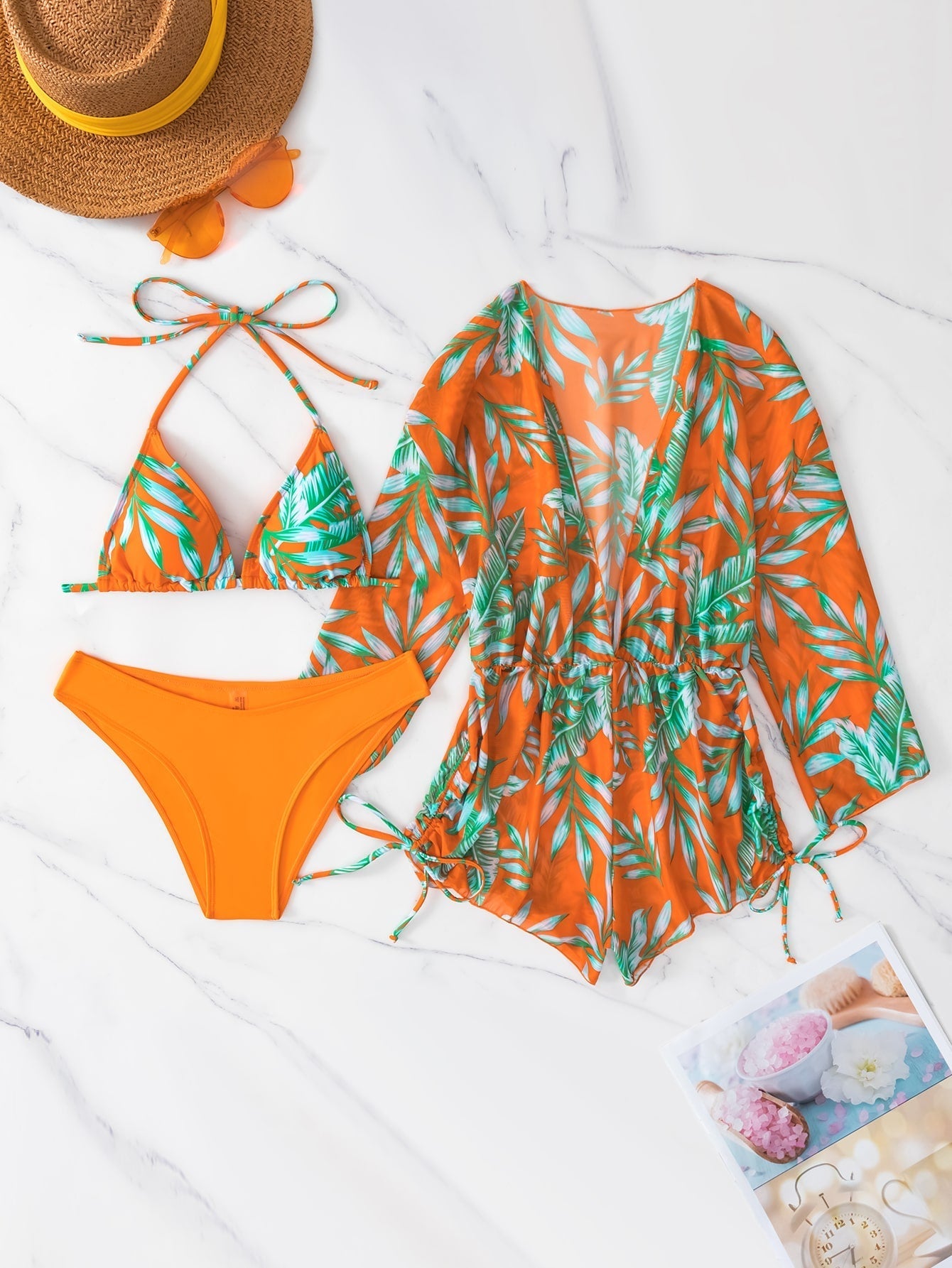 Swimwear- Tropical 3 Piece Bikini Thongs + Wireless Bra + Sheer Romper Cover Up- - IndioGear Fashion and Gear