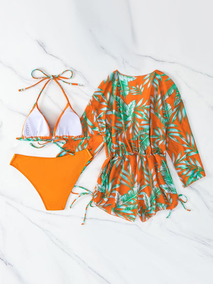 Swimwear- Tropical 3 Piece Bikini Thongs + Wireless Bra + Sheer Romper Cover Up- - IndioGear Fashion and Gear