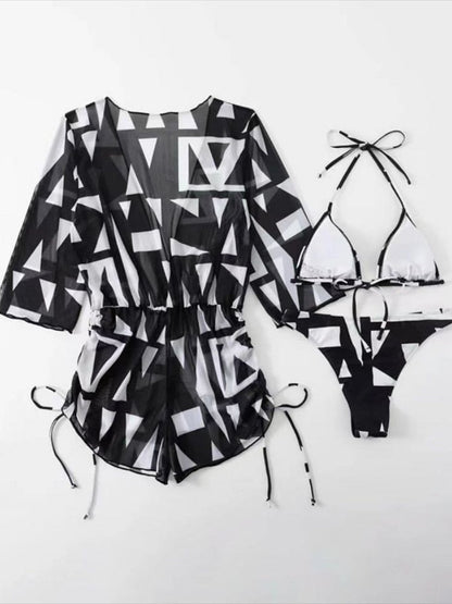 Swimwear- Tropical 3 Piece Bikini Thongs + Wireless Bra + Sheer Romper Cover Up- - IndioGear Fashion and Gear