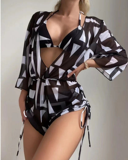 Swimwear- Tropical 3 Piece Bikini Thongs + Wireless Bra + Sheer Romper Cover Up- Black- IndioGear Fashion and Gear