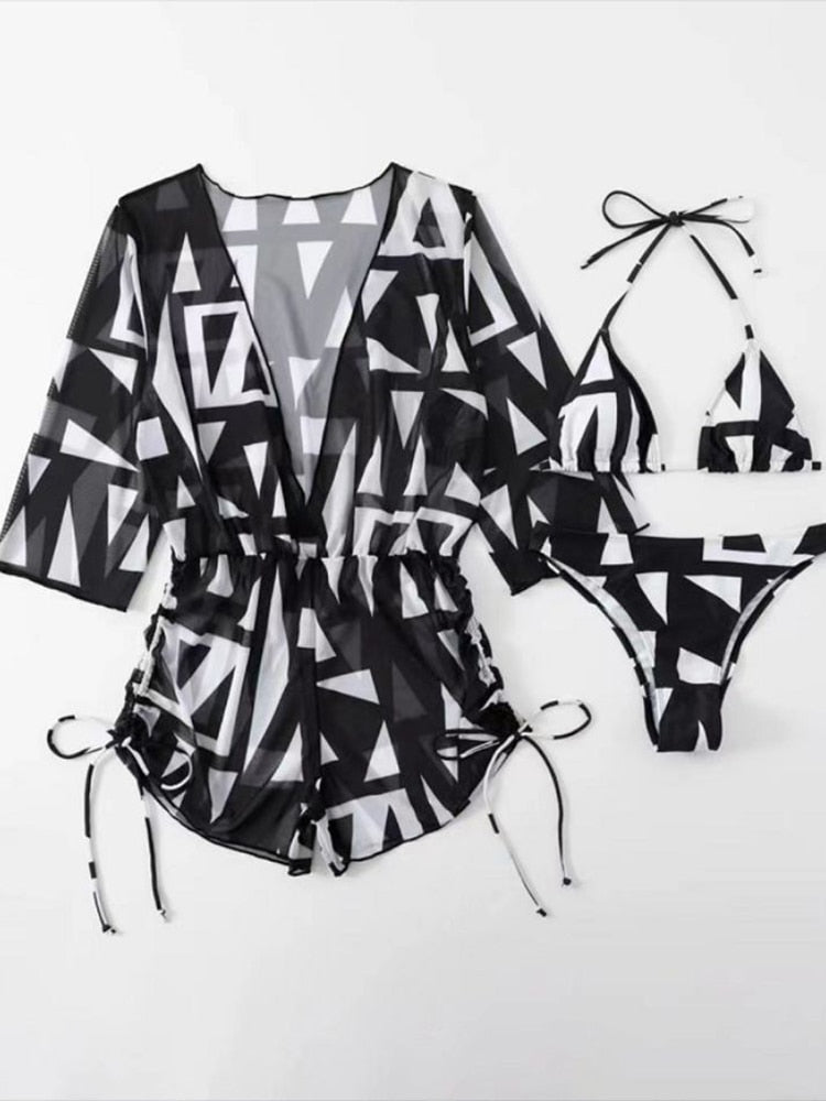 Swimwear- Tropical 3 Piece Bikini Thongs + Wireless Bra + Sheer Romper Cover Up- - IndioGear Fashion and Gear