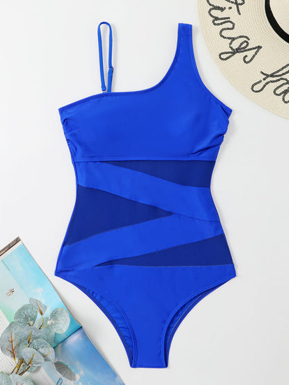 Swimwear- Unleash Your Inner Goddess with our Asymmetrical One Piece Bikini- Blue- IndioGear Fashion and Gear